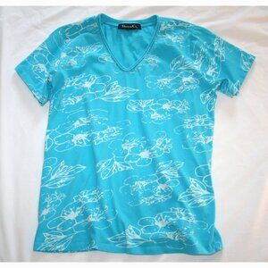 Denim & Co Turquoise Floral Print T-Shirt Small